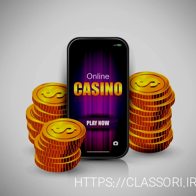 Free vector online casino lettering on smartphone screen and stacks of coins.